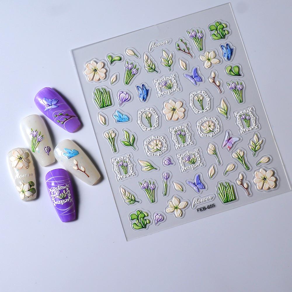5D Butterfly & Lily of the Valley Nail Stickers - Mori Style Floral, Self-Adhesive