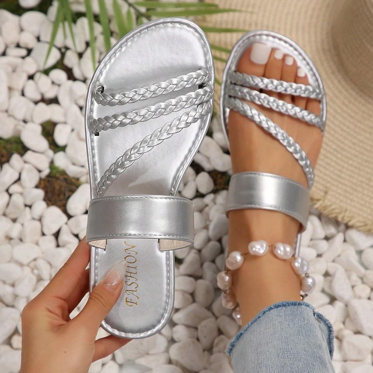

Модные женские тапочки Пляжные Летние Повседневные Ретро Тапочки Женские Пляжные Нескользящие Сандалии Для Улицы Большой Размер Домашняя Обувь Шлепанцы Женские 36 серебряный