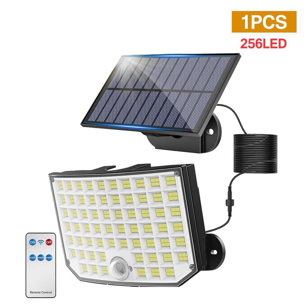 

256 светодиодных солнечных светильников для улицы, водонепроницаемый, с датчиком движения, прожектор с дистанционным управлением, 3 режима для патио, гаража, заднего двора