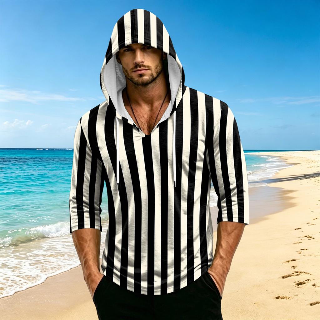 Men's Casual Hooded Striped Three-Quarter Sleeve T-Shirt