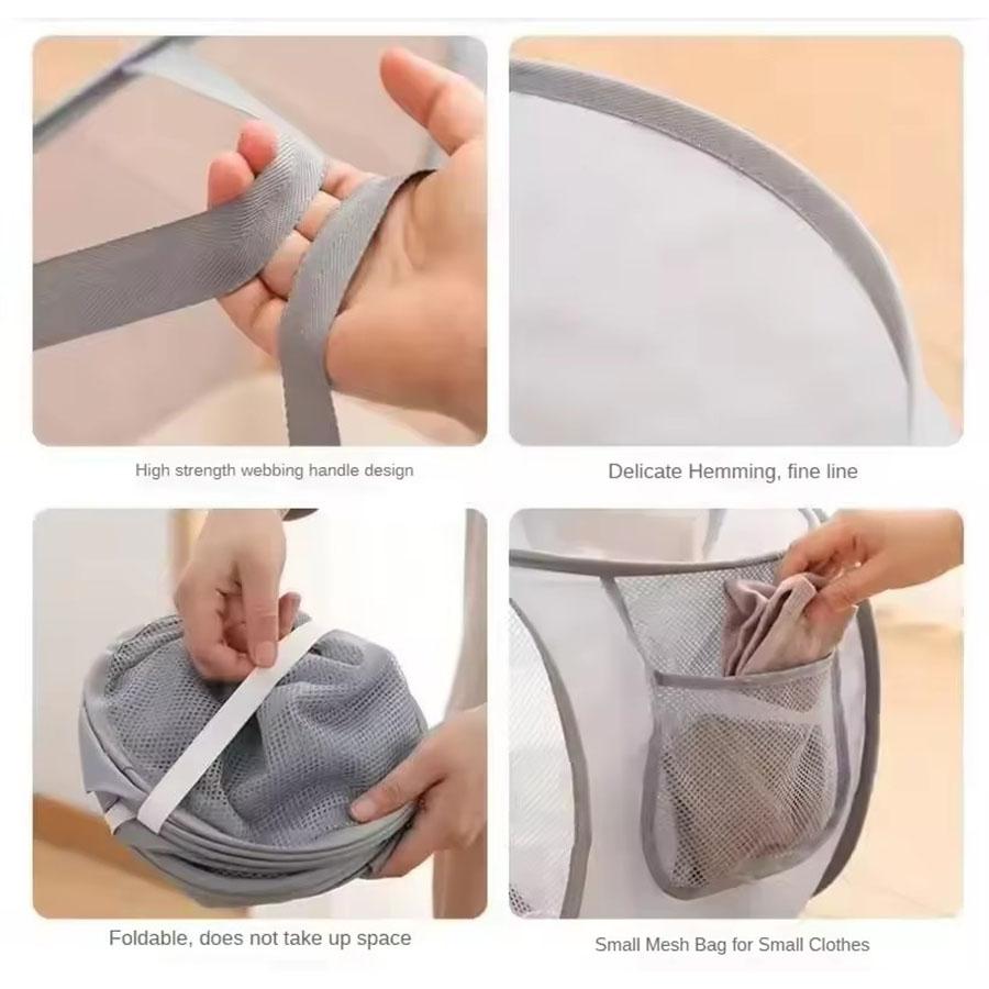 Dayanıklı Katlanabilir Çamaşır Sepeti, Yan Cepli File Açılır Çamaşır Sepeti, Güçlendirilmiş Katlanabilir Giysi Saklama Sepeti
