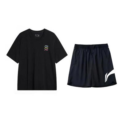 Li Ning Logo Print Simple Fashion Round Neck Pullover Short Sleeve Comfortable Drawstring Shorts Casual Sports Suit YHSV371-1+YKSV197-2