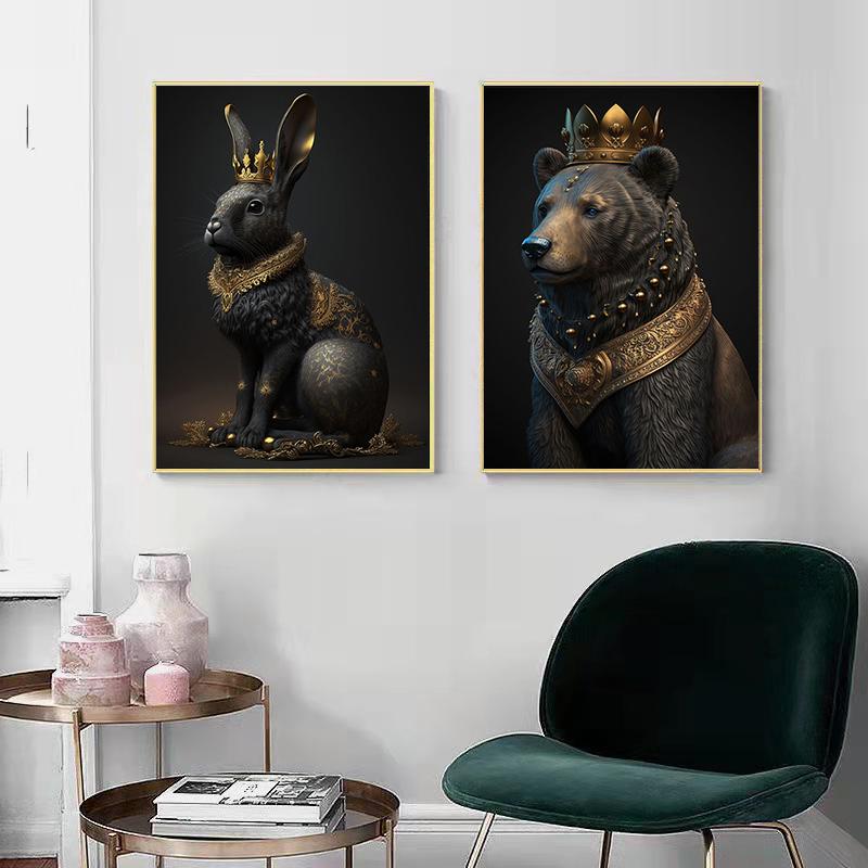 Black Gold Animals King Gorilla Lion Posters Prints Rabbit Elephant Canvas Paintings Wall Art Picture for Living Room Home Decor