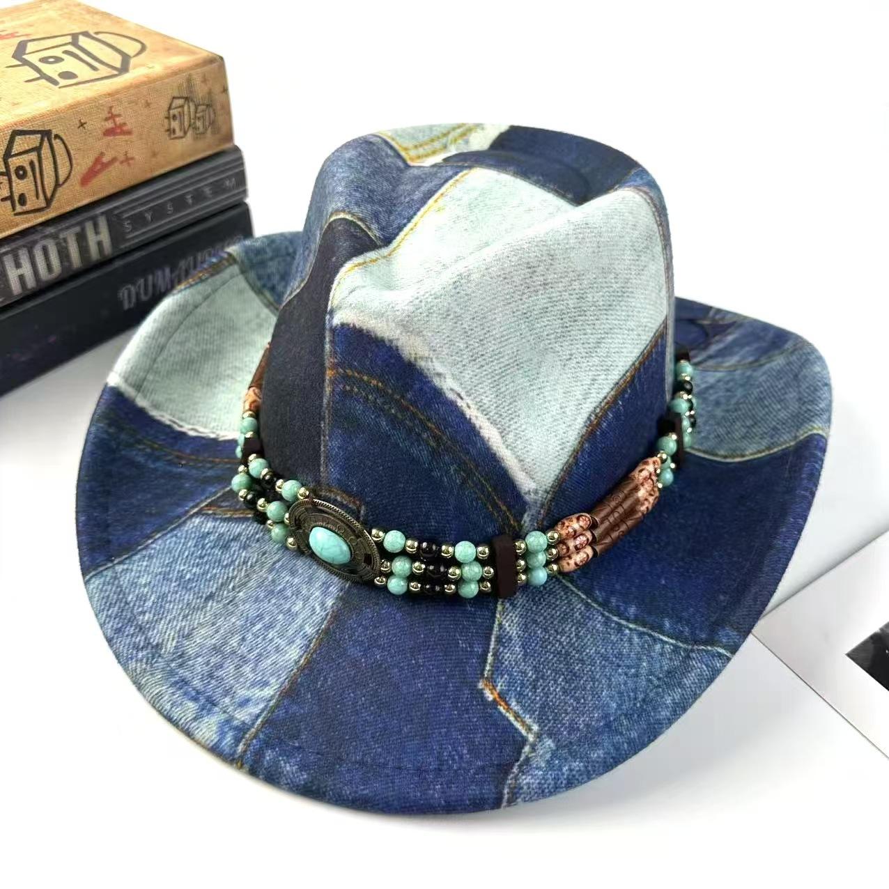 

Mountaineering Top Hat Western Cowboy Hat Vintage Retro Color Matching Peach Heart Top Jazz Hat M（56-58cm） темно-синього кольору
