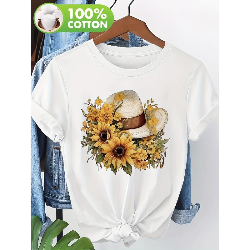 European Size Elegant Floral Print Women s  Short-sleeve T-shirt S белый