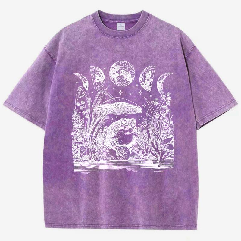 Personality Frog Mushroom Print Women Washed T-Shirt Hip Hop Cotton Short Sleeve Summer T Shirt Loose Soft Top