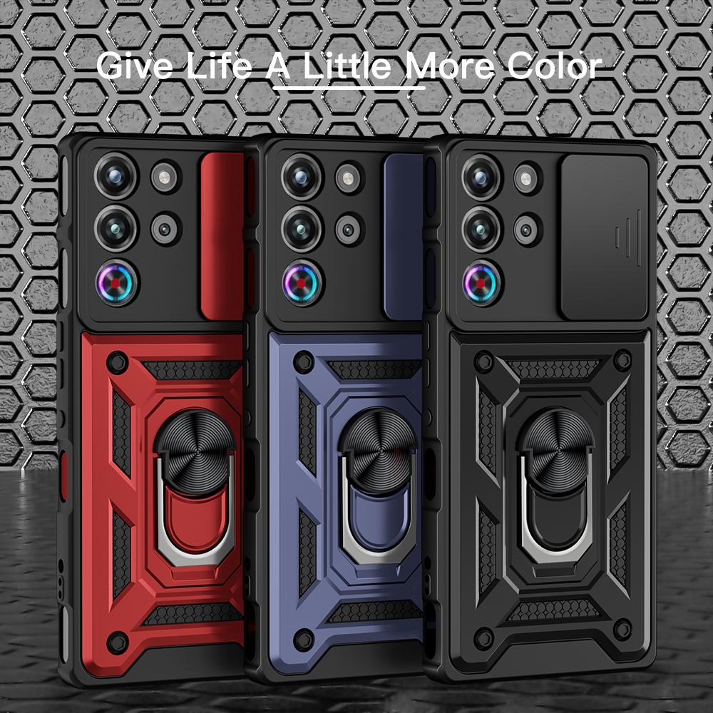 KEYSION Shockproof Case for ZTE nubia RedMagic 10 Pro+ Slide Camera Protection Ring Stand Phone Cover for RedMagic 10S Pro+ 5G