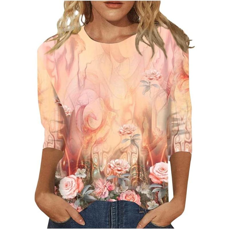 Fashionable Women's Flower Print Short Sleeves Simple Top Soft Top T-Shirts Women’s
