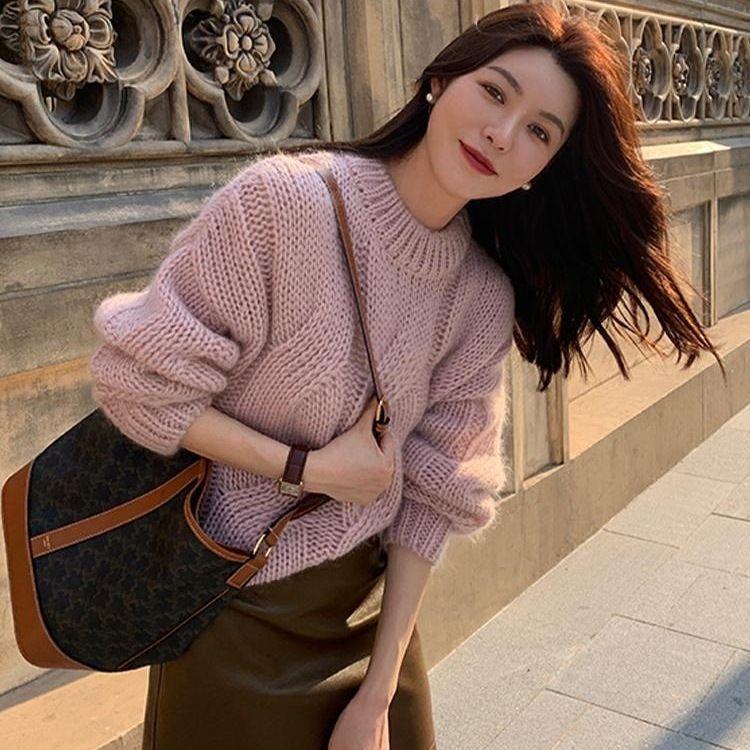 Autumn Winter Knitted Sweater for Women Lazy Style Stretch Twist Pullovers Vintage Solid Color O-Neck Jumpers