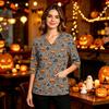 Women's Uniform with V-Neck and Pockets, Side Slit, Three-Quarter Sleeves, Halloween Print