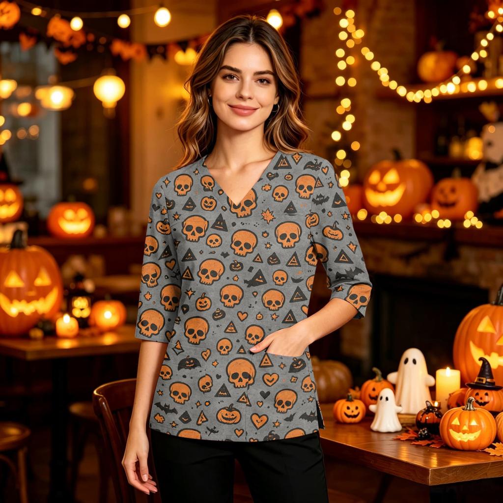 Women's Uniform with V-Neck and Pockets, Side Slit, Three-Quarter Sleeves, Halloween Print
