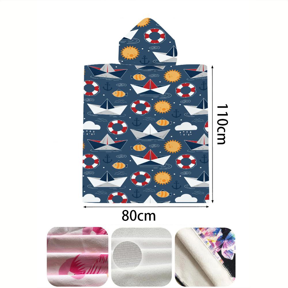 Cartoon Boat Hooded Beach Towel Robe Soft Absorbent Quick Dry Bathrobe for Travel Camping