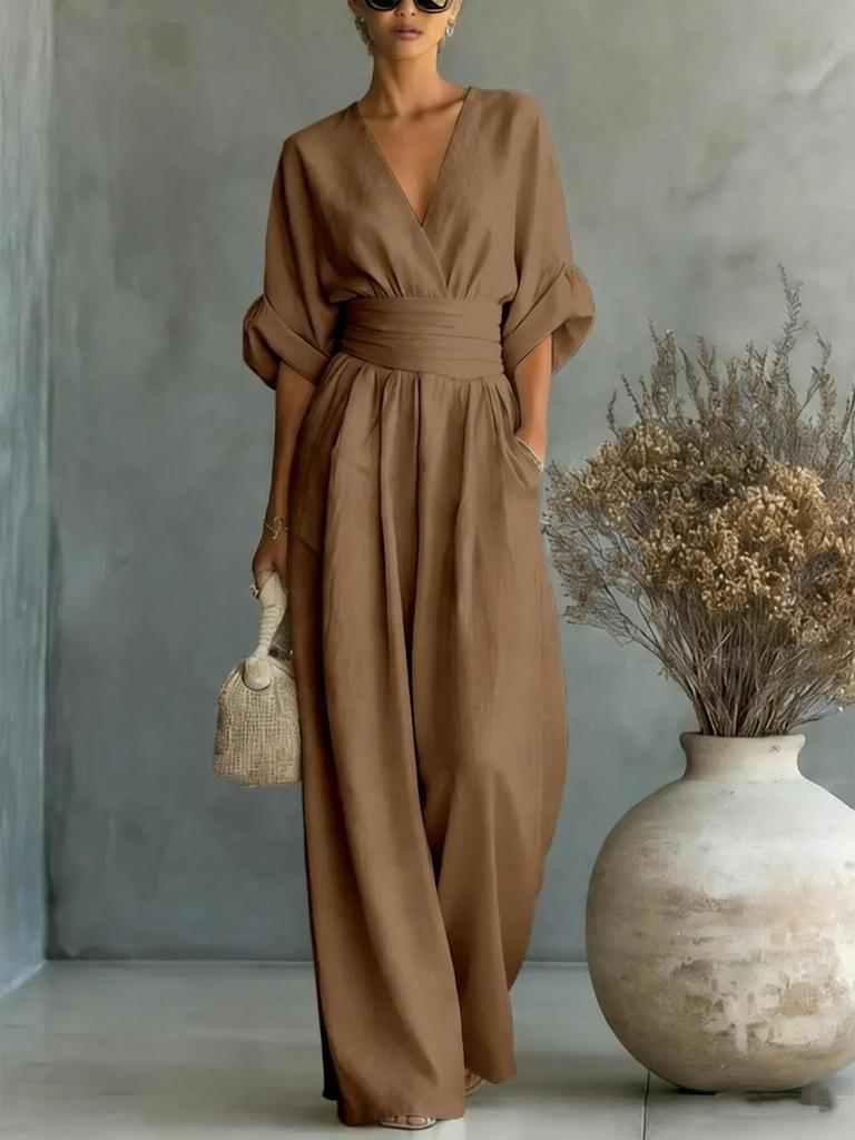 Women's Light Blue V-Neck Three-Quarter Sleeve Wide Leg Jumpsuit
