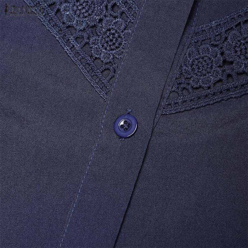 ZANZEA Women Lace Patchwork Casual Turn Down Collar Loose 3/4 Sleeve Blouse