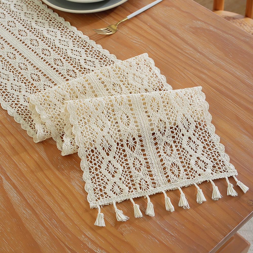Beige Table Runner Lace Cotton Blended Fabric with Tassel For Coffee Table Decor Wedding Decoration