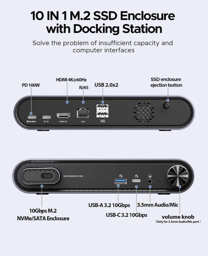 ORICO SSD Docking Station with USB C Docking Supports 10 4K 60 100W Audio and Two USB Ports M.2 Enclosure, 10-in-1 Station, M.2 NVMe/SATA SSD, USB-A