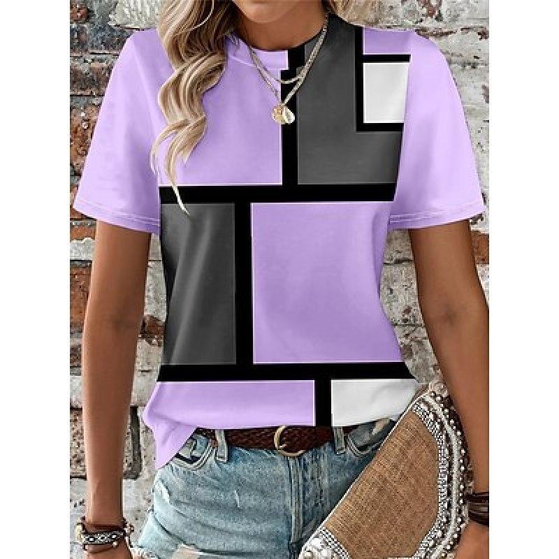 Women's T Shirt Tee Plaid Color Block Daily Going Out Pink Blue Purple Print Short Sleeve Fashion Round Neck Regular Fit Summer