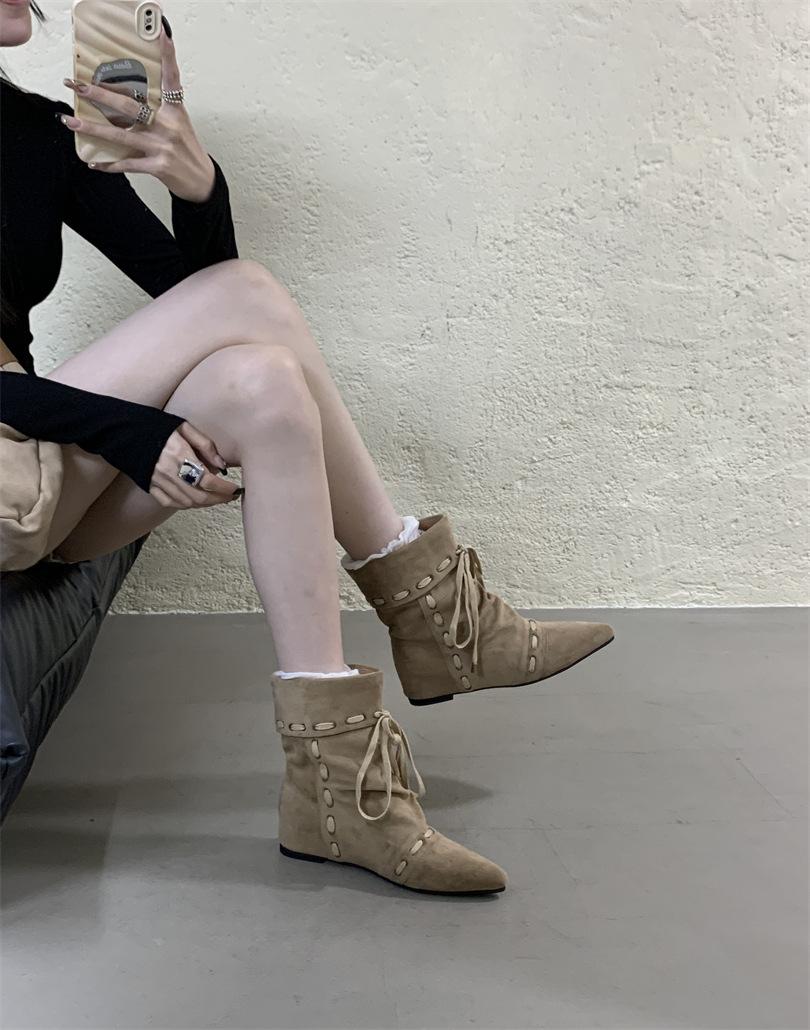 

2025 autumn and winter strap bow inner heel suede low tube skinny Chelsea Martin women s booties 39 хаки