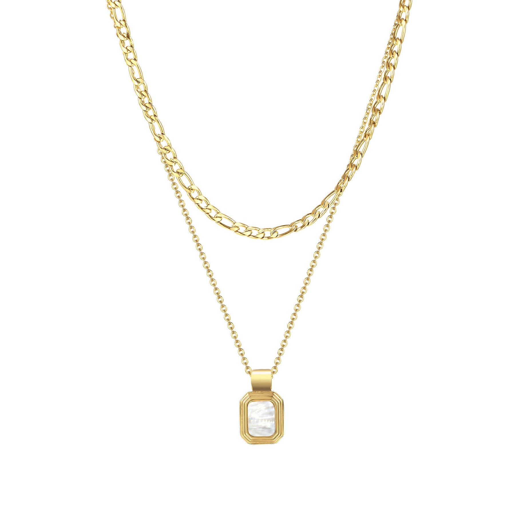 Women Layering Necklace Set , Stainless Steel Link Figaro Chain, Square Rectangle Pendant Shell Necklace