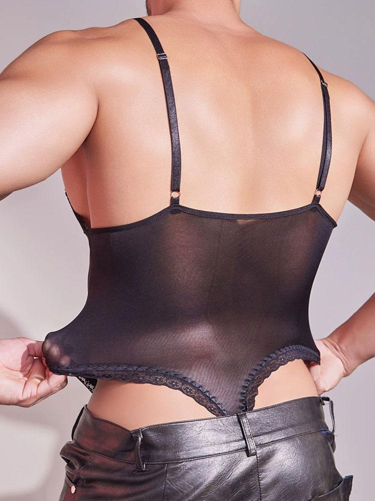 Men'S Spaghetti Strap Bodysuit Tops Sexy Lace Thin Breathable Traceless Tights Oil Shiny Glossy Onesie Sleepwear U Bulge Pouch