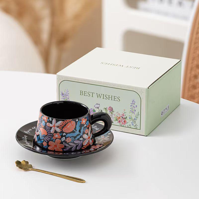 Linglong Flower Coffee Cup And Saucer Set High Value Ceramic Original Watercolor Painting Fashion Ceramic Coffee Cup And Saucer