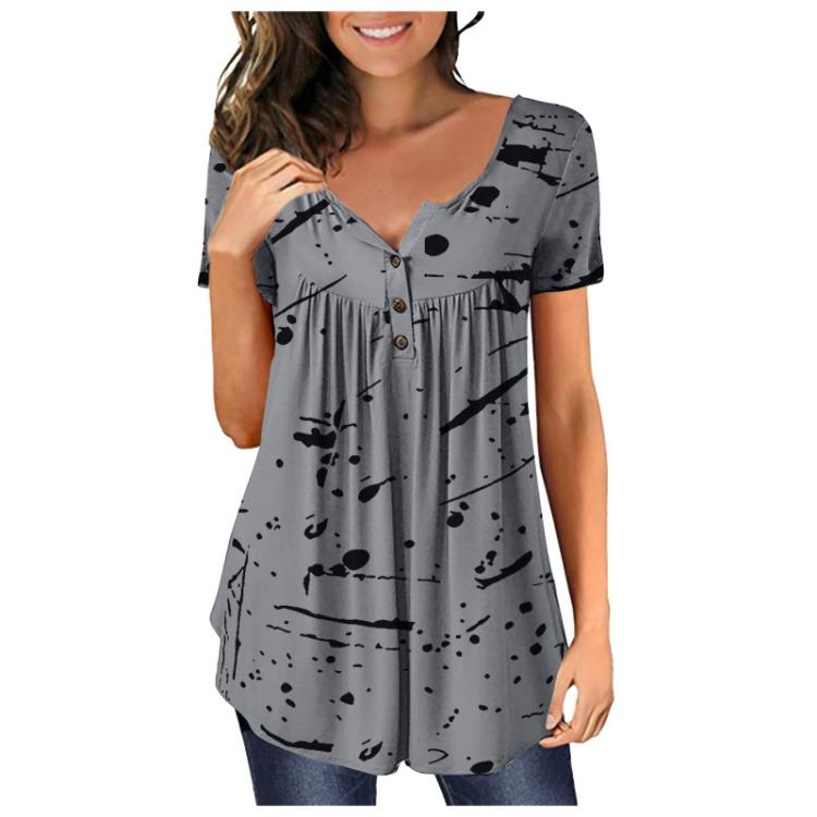 

Casual Women s Fashion Printed Button Collar Short Sleeve Pullover T-shirt Top S