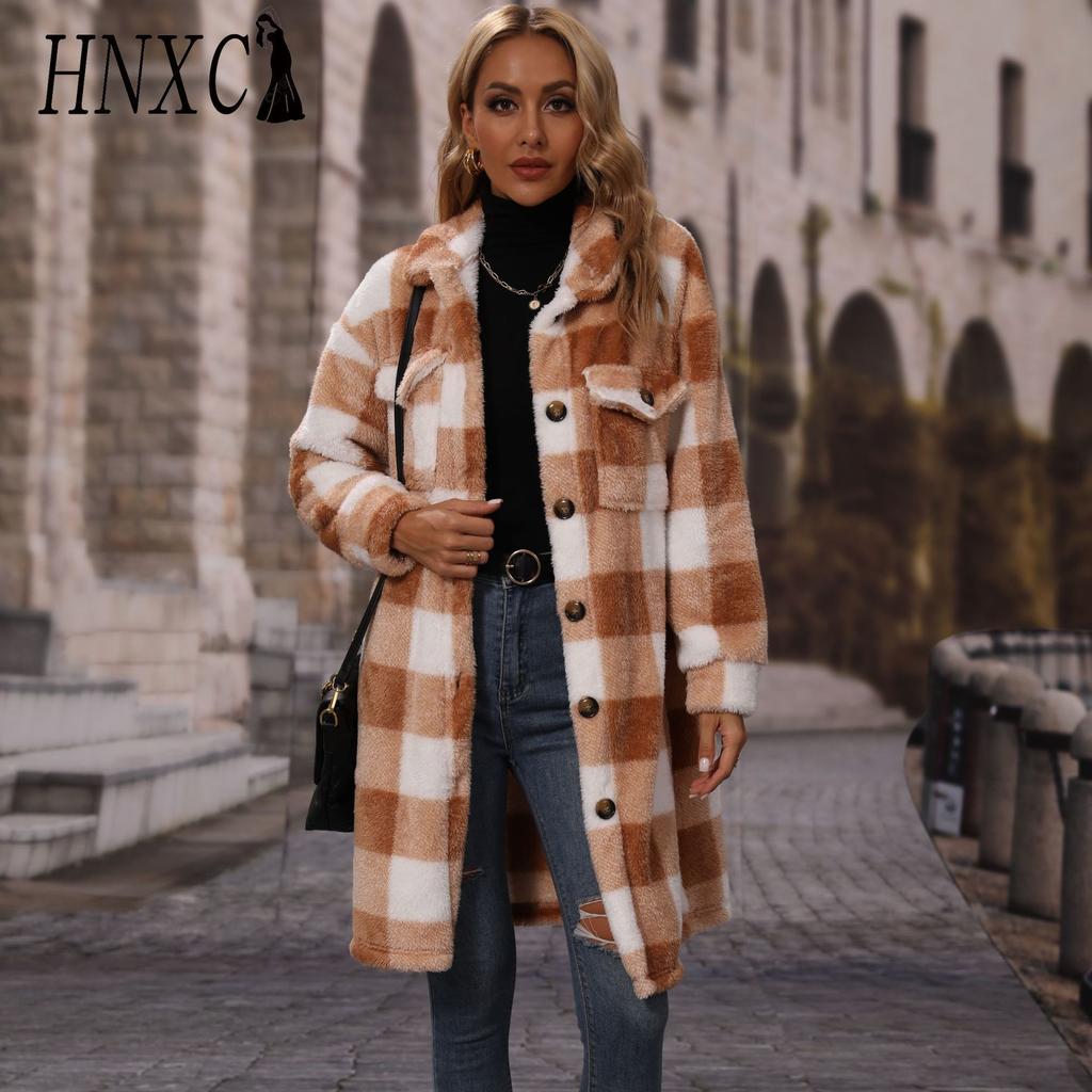 HNXC Fashion Autumn and Winter Women's Lapel Long-sleeved Loose Checkered Single-breasted Long Plush Casual Coat