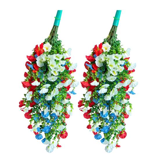 Yousheng Patriotic Hanging Flowers, Artificial Red White Blue Flowers Hanging Basket, Outdoor 4th of July Hanging Flower Basket for Porch Garden Decor