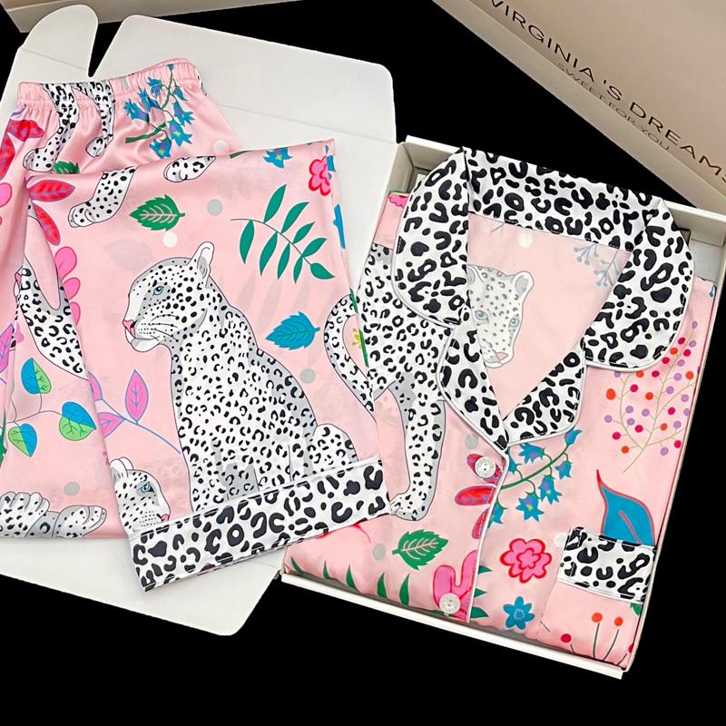 Spotted Leopard Print Pajama Set for Women Idyllic Style Long Sleeve Pant Female Lounge Autumn Winter Cartoon Sleepwear