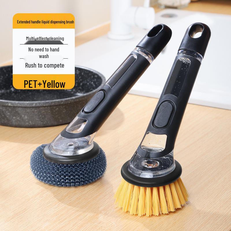 Long Handle Dishwashing Brush with Automatic Liquid Dispensing, Sponge, and Steel Wire for Pot Cleaning