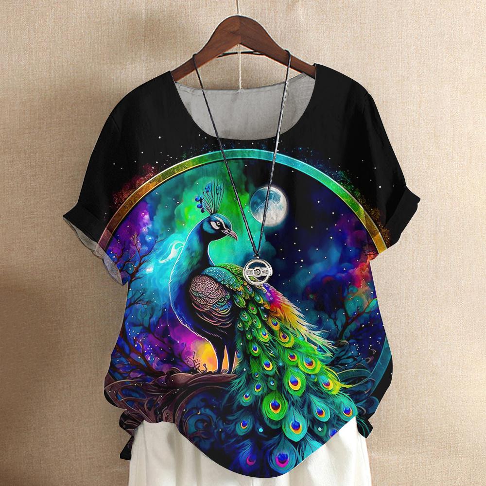 Harajuku Casual Short Sleeve Top Tee O Neck Oversized Female Clothing Women's T-Shirts Cute Animal Peacock 3d Print T-Shirt