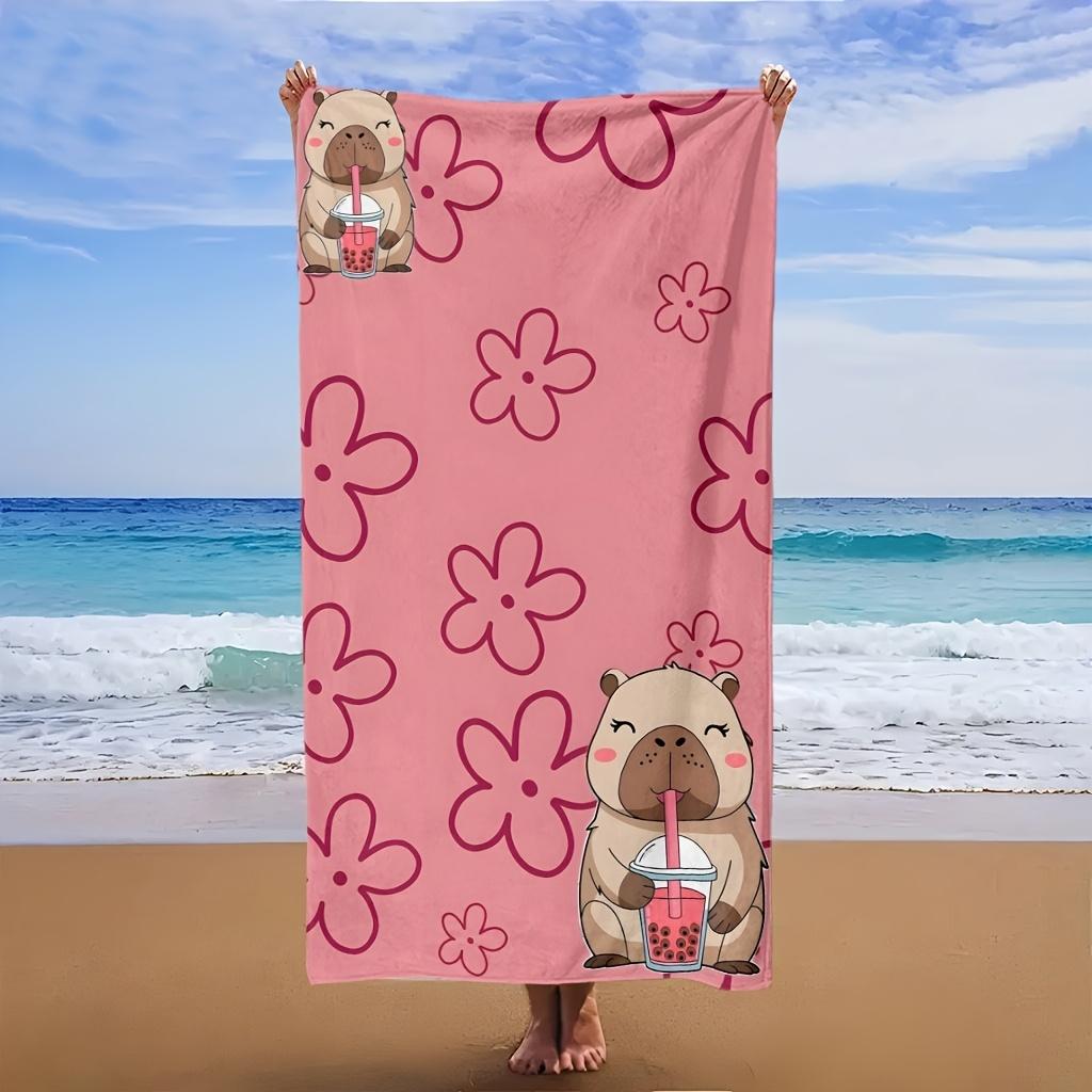 Linda Toalla de Playa de Microfibra de Capibara, Toalla de Baño con Estampado de Animal de Té de Burbujas Rosa, Toalla Grande de Viaje de Secado Rápido Libre de Arena para Niñas