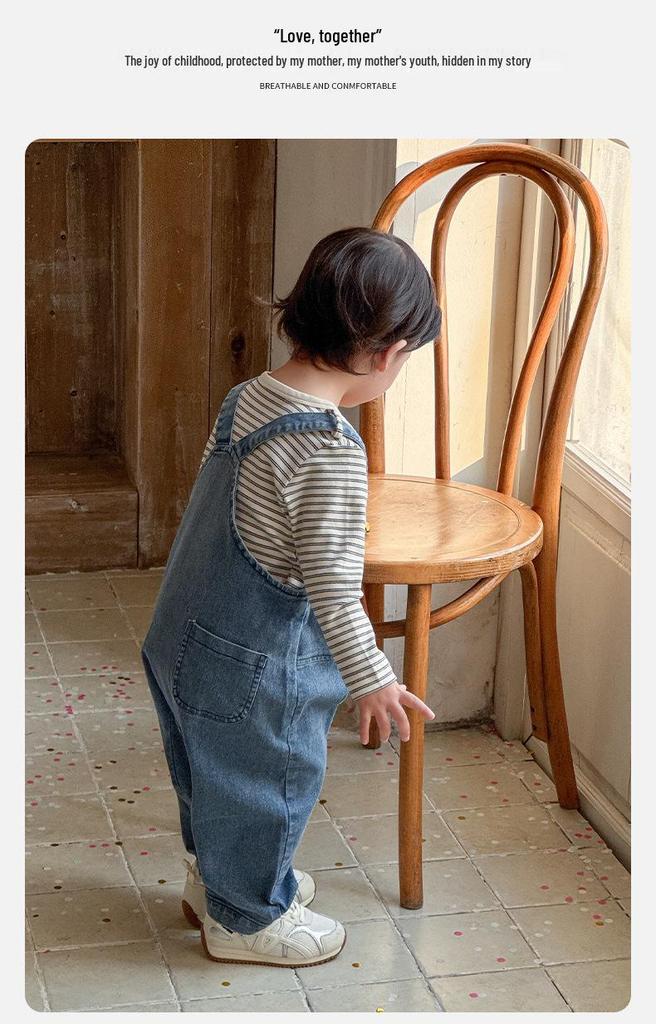 Spring 2026 Korean Style Boys' Striped Base Layer Denim Overalls Set