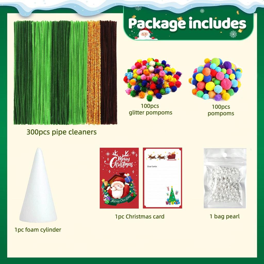 Pipe Cleaners for Making Christmas Tree, 300pcs Pipe Cleaners, 200pcs PomPoms, 1 Foam Cylinder, 1 Christams Card and 1 Bag Pearl