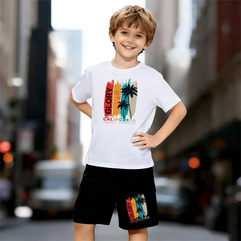 

Boys 2 Piece California-style graphic Outfit, Short Sleeve T-Shirt and Shorts Set for Kids Age 5-14, Black and White Sporty Casual Summer Clothes 13-14 Years білий