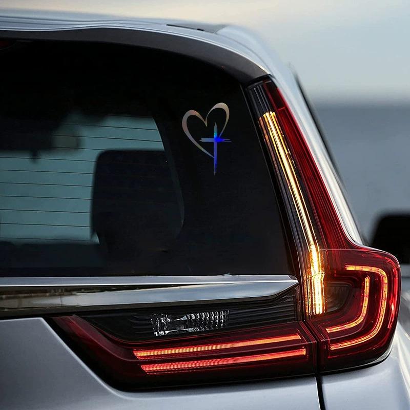 Pegatinas reflectantes creativas para coche diseño de cruz y corazón decoración para espejo y moto