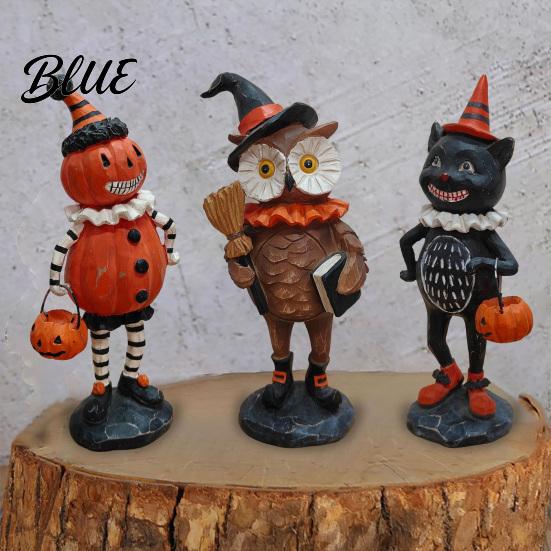 Cute Spooky Shelf Sitters Wooden Halloween Resin Figurines Pumpkin Scarecrow Wizard Owl Black Cat Decorative Crafts Statue Rustic Desktop