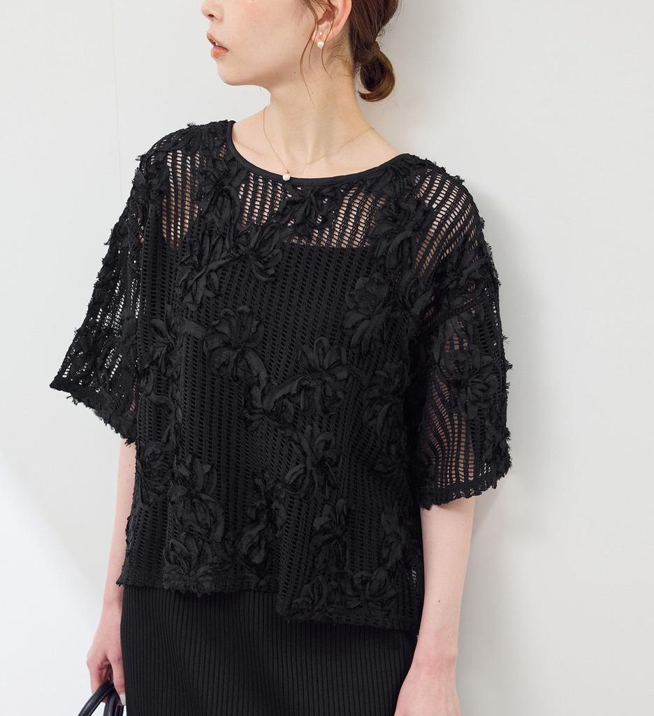 ROPE PICNIC Mesh Cord Embroidered Pullover Top In Black Women's (01)