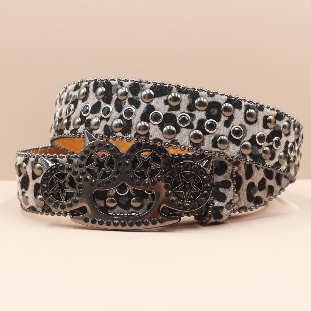 Finger Tiger Buckle Punk New Leopard Print Rhinestone Belt Belt Full Diamond European and American Belt Women's Decorative Rhinestone