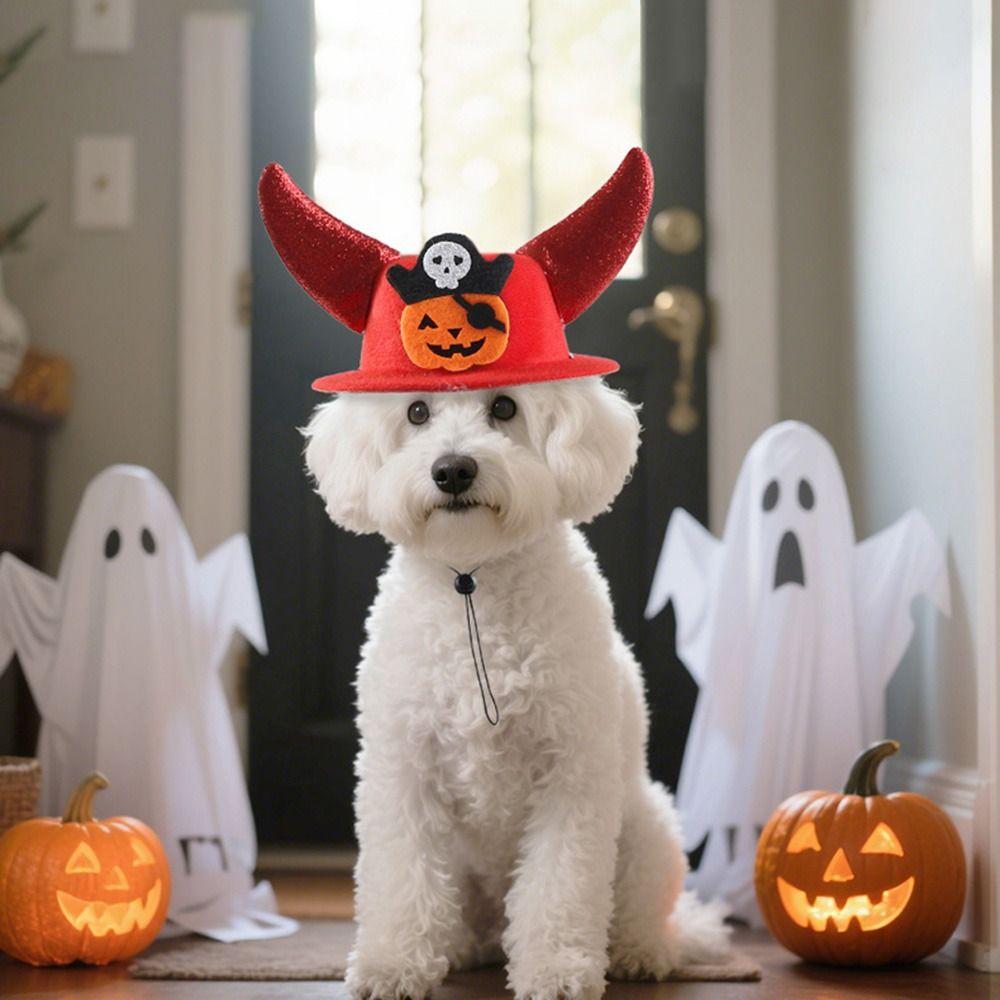 Cat Headwear Cartoon Halloween Pet Horns Hat Pumpkin Felt Halloween Pet Hat Funny Adjustable Cat Cosplay Hat Cosplay Party