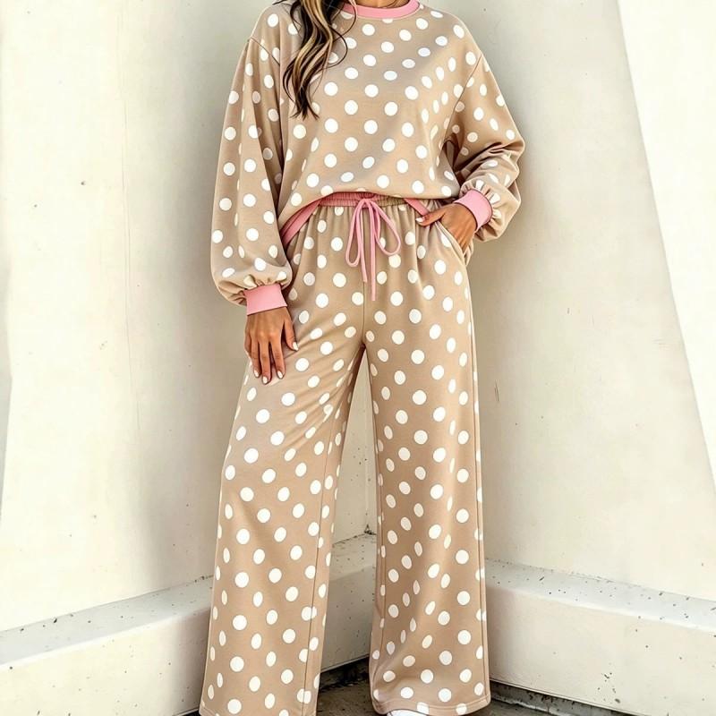 Womens Polka Dot Casual Two-Piece Set With Multiple Pockets Long Sleeve Hoodie Pants Soft Stretch Fabric