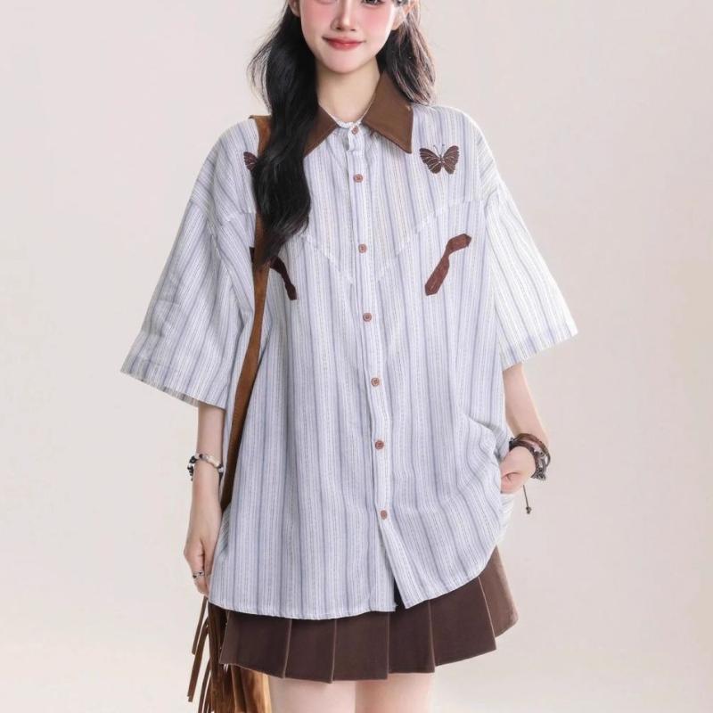 

Женская рубашка с коротким рукавом и вышивкой бабочек, универсальная модная полосатая рубашка с лацканами, цветная блочная свободная ретро-блузка XXXL
