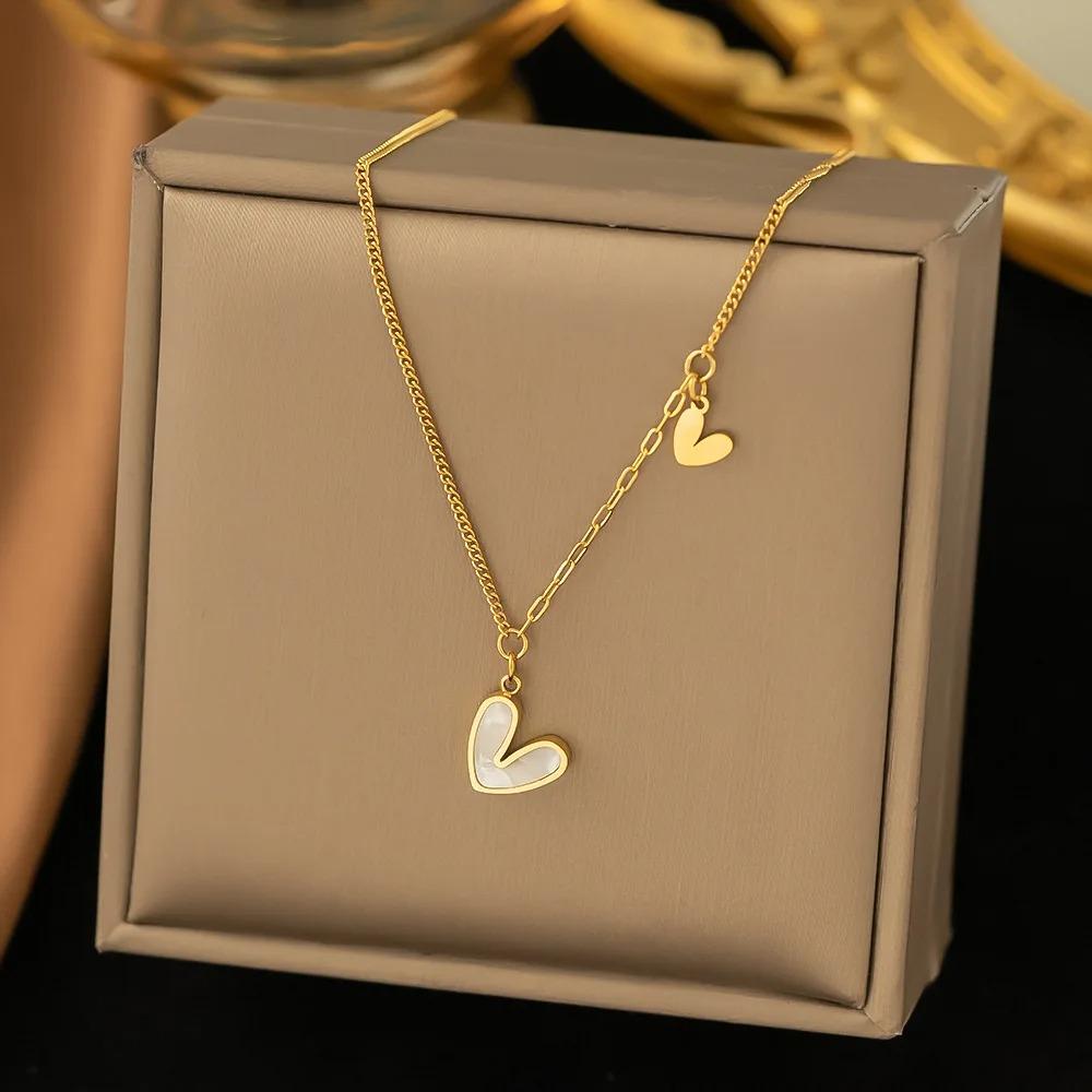 ANENJERY L316 Stainless Steel White Shell Heart Pendant Necklace for Women Dainty Simple Tender Clavicle Chain Jewelry Gift