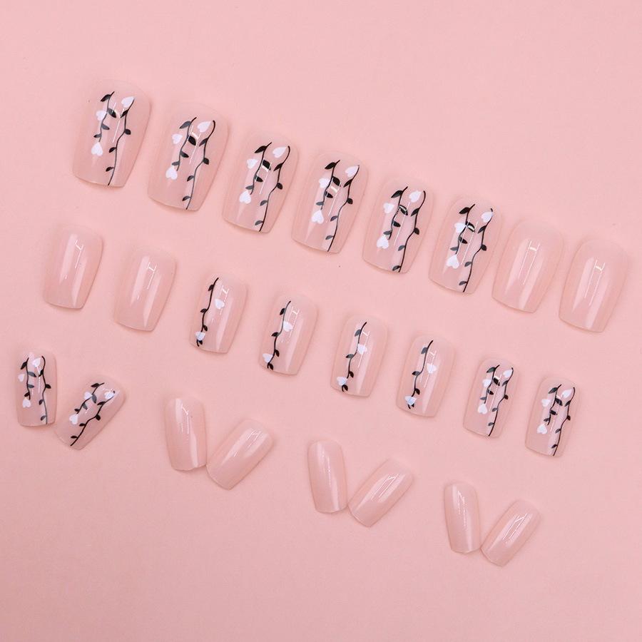24 Pieces Pink Small Flowers and Grass Simple Decoration Short New Product Temperament White Manicure Autumn and Winter Temperament White Wear