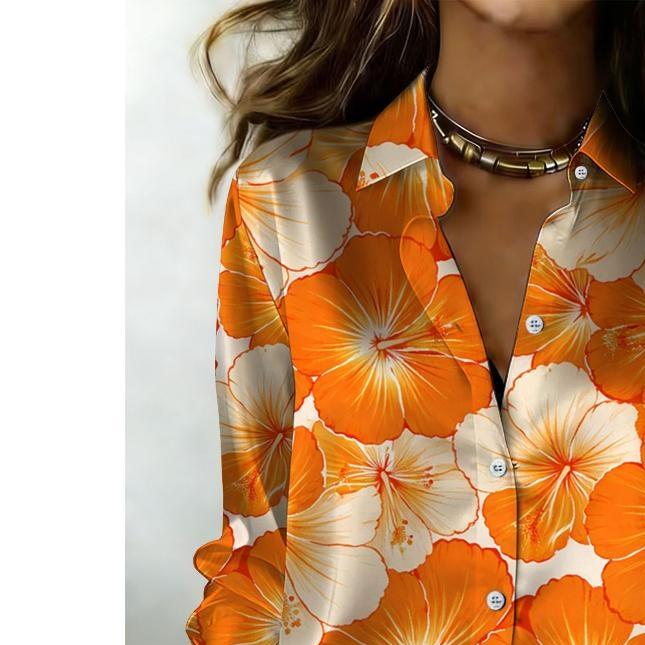 Camicia da donna a maniche lunghe con bottoni, motivo floreale tropicale con fiori di ibisco bianchi e arancioni, adatta per le vacanze e l'abbigliamento casual