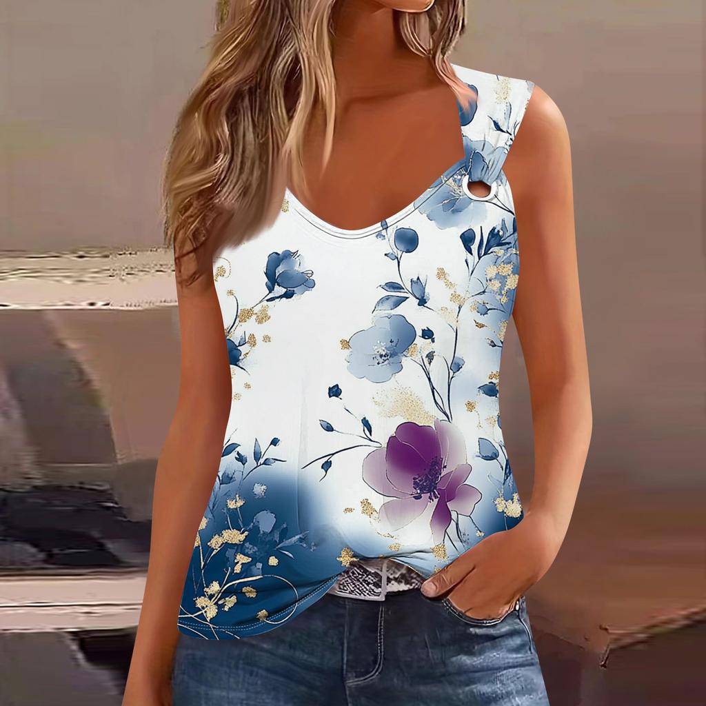 Womens Tank Top V Neck Basic Printed Casual Flowy Sleeveless Deep Side Cut Tops For Women