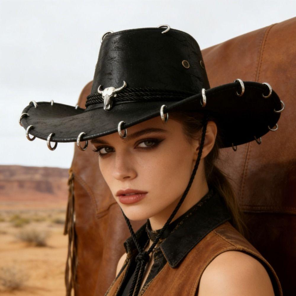 Pu Leather Western Cowboy Hat Solid Color Jazz Hat Shadow Hat Summer Hat  Men