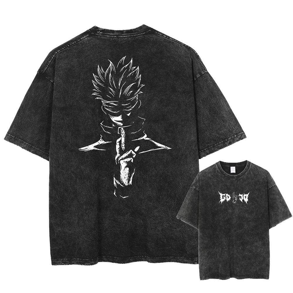 Japan Anime Jujutsu Kaisen Gojo Satoru Print Washed Tshirt Men High Quality Cotton T-shirts Manga Casual T Shirt Harajuku Tops