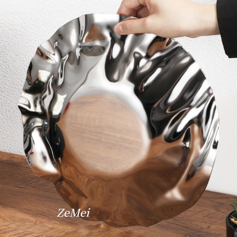 European Style Circle Water Ripples Shape Fruit Plate,Silver Stainless Steel Plate Home Food Tray,Snack Disc Table Decoration