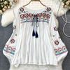 Embroidery Flower Spring Women Blouse Vintage Ethnic Lantern Long Sleeved Oneck Loose Cotton Linen Shirt Casual Top D5082